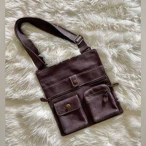 ROOTS Leather Venetian Villager Bag in Purple colour